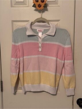 VintageTogether Pastel Striped Collared Knit Sweater - Pink, Blue, Yellow, White
